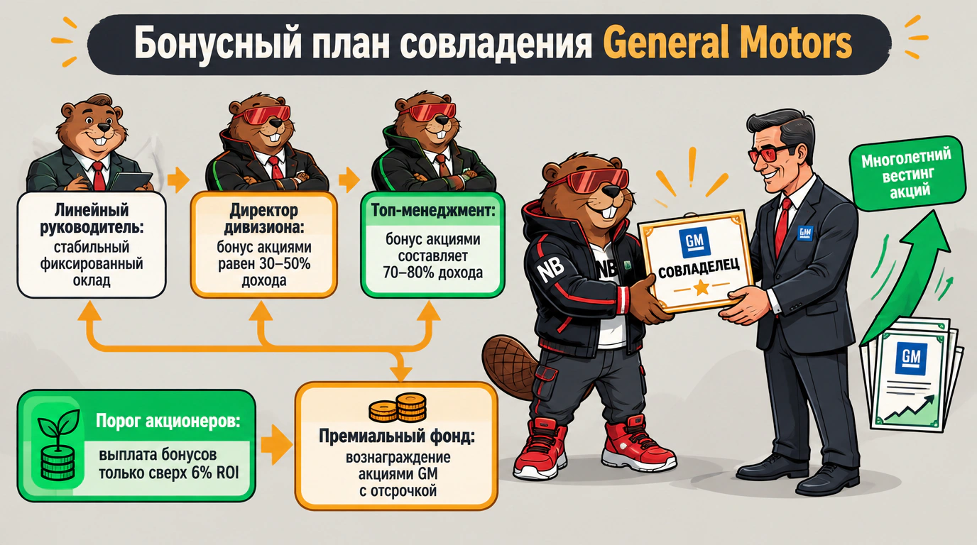 Инфографика Бонусного плана General Motors: порог доходности акционеров и прогрессия акций в доходах менеджеров.