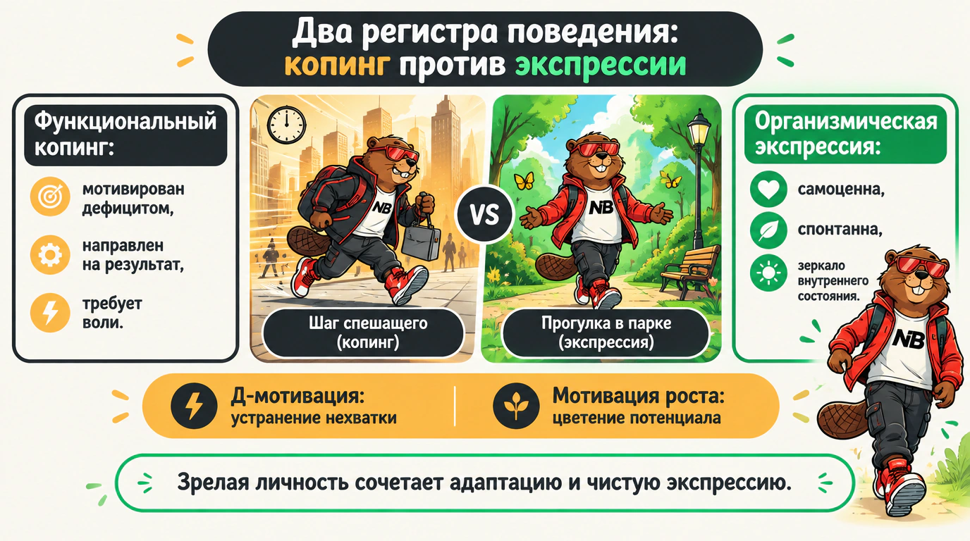Инфографика двух регистров поведения: инструментальный копинг против спонтанной организмической экспрессии