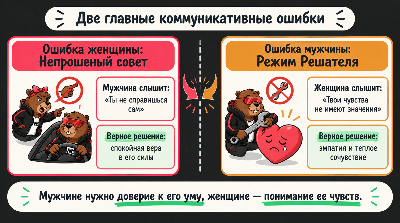Инфографика двух главных ошибок общения: сравнение непрошеных советов и синдрома «мистера Решателя» с верными моделями поведения