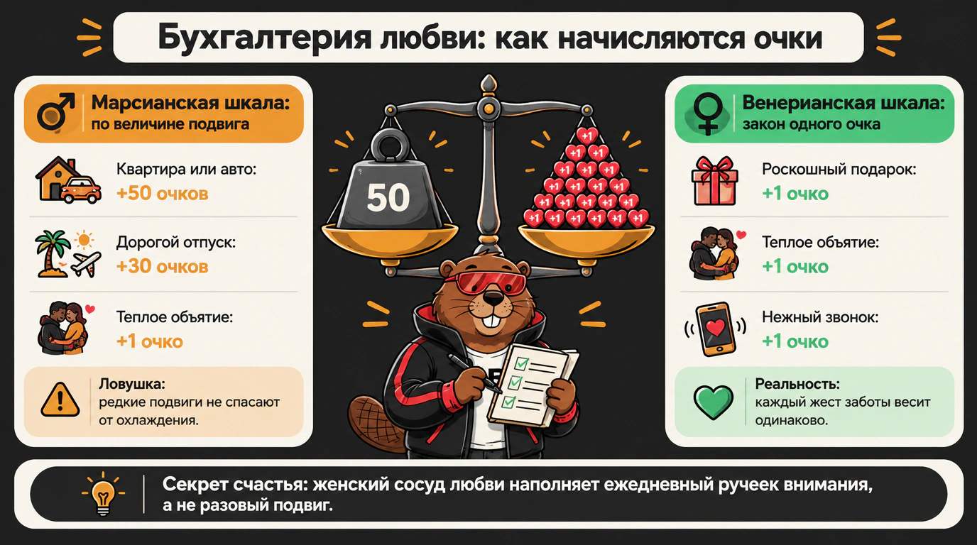 Инфографика систем начисления очков внимания: сопоставление мужской шкалы крупных подвигов и женского закона одного очка за каждый знак заботы