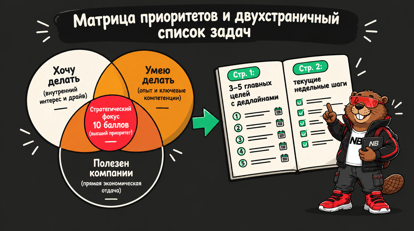 Инфографика матрицы приоритетов Поузена и формирования двухстраничного оперативного списка задач.