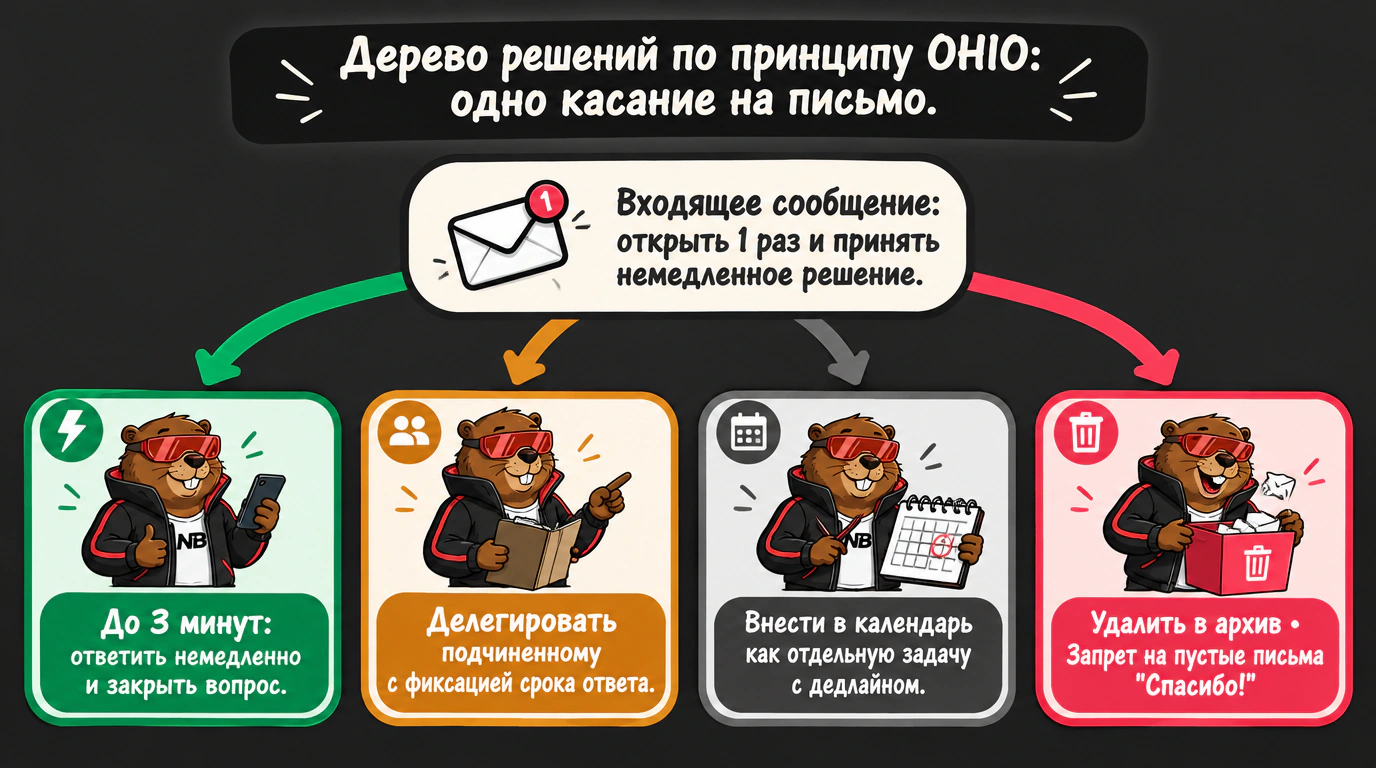 Инфографика дерева решений по принципу OHIO при обработке входящей электронной почты.