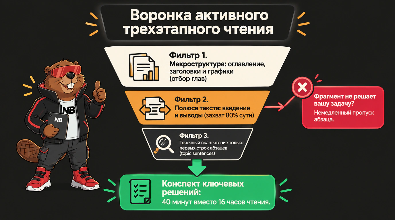 Инфографика воронки активного трехэтапного чтения для быстрого извлечения управленческой сути из документов.