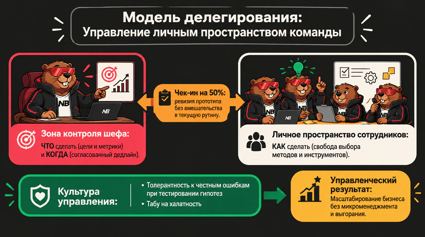 Инфографика модели делегирования: разграничение зон ответственности руководителя и личного пространства команды.