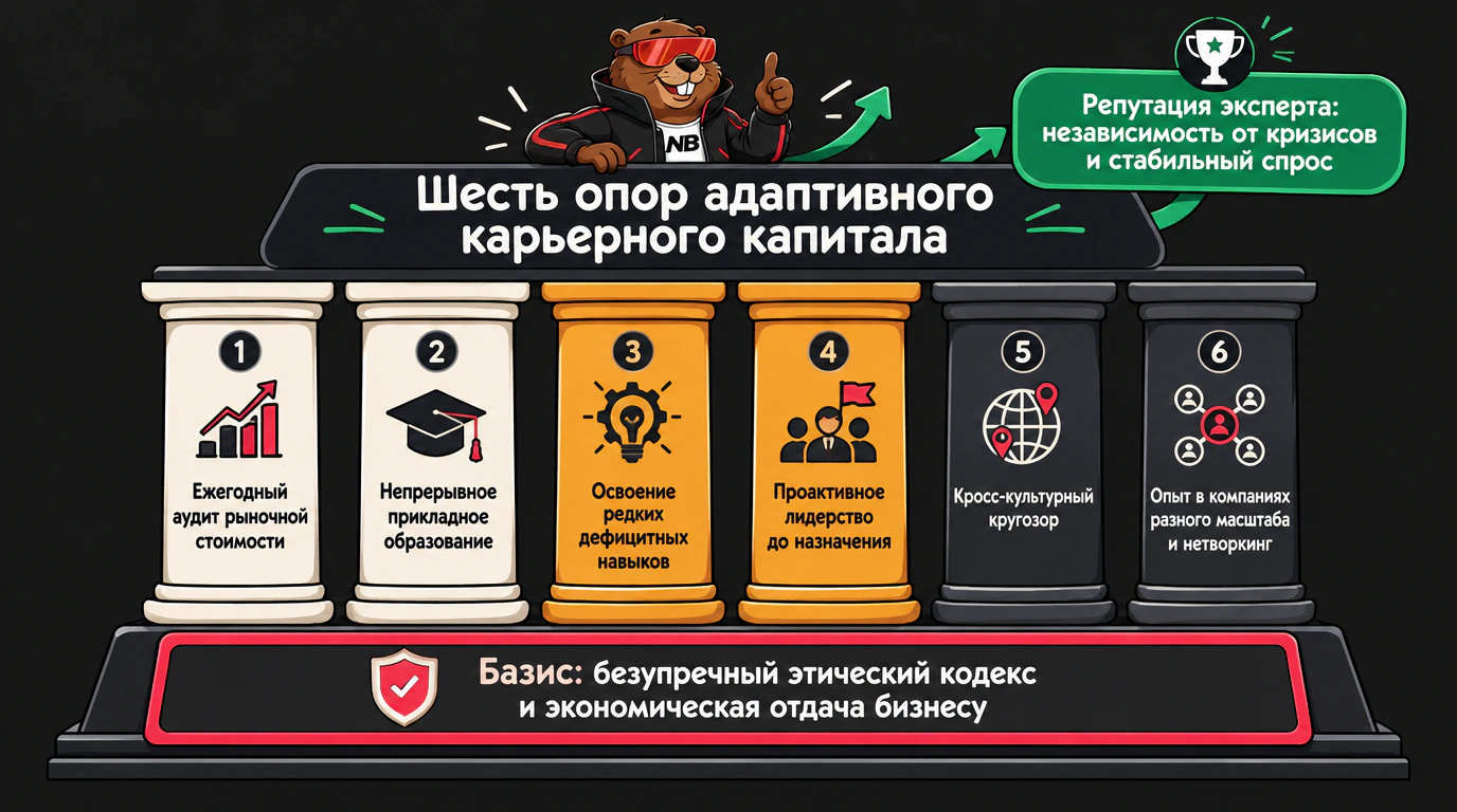 Инфографика шести опор адаптивного карьерного капитала и фундамента деловой репутации.