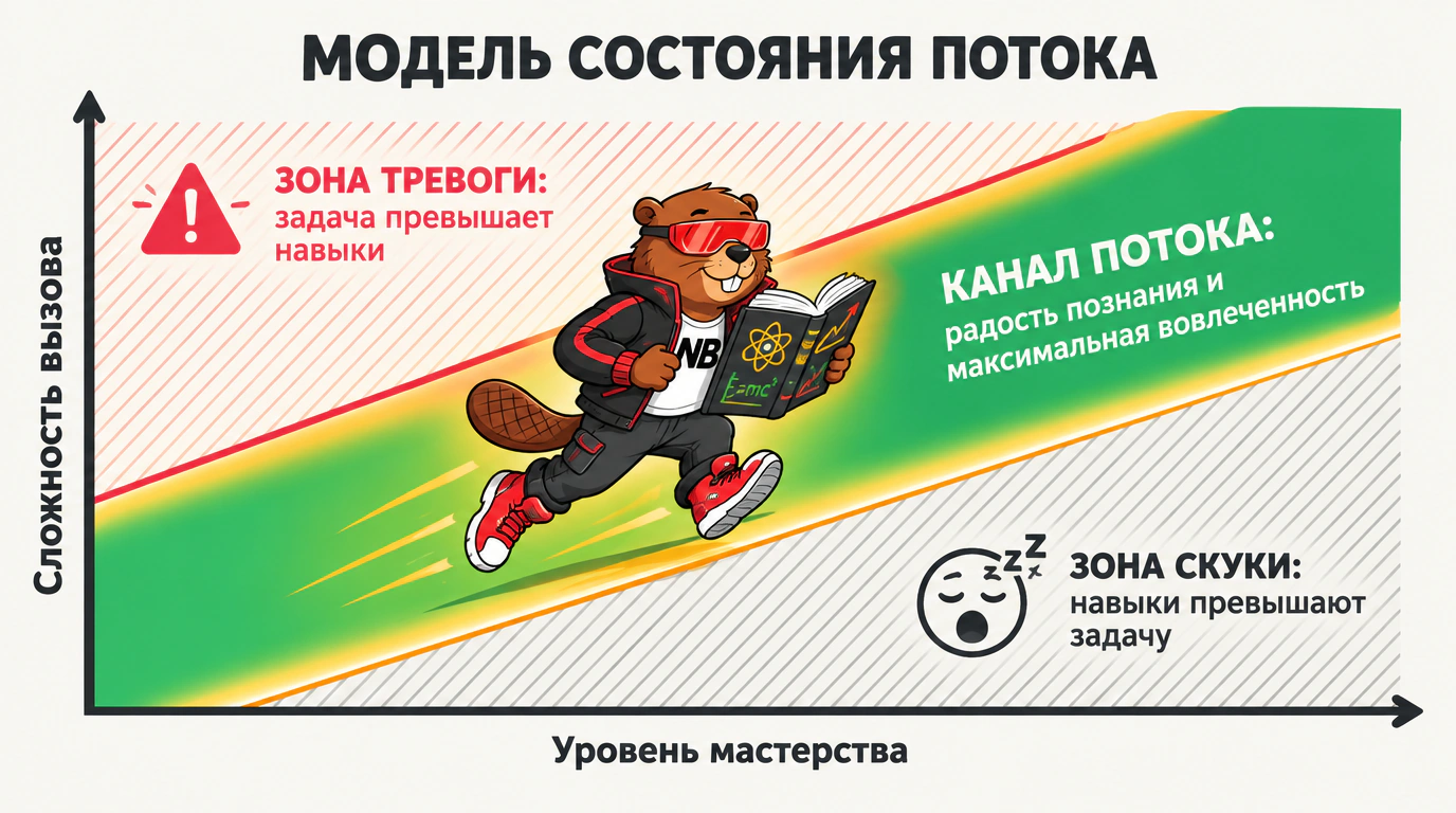Инфографика модели Потока Чиксентмихайи с балансом вызова и мастерства между тревогой и скукой.
