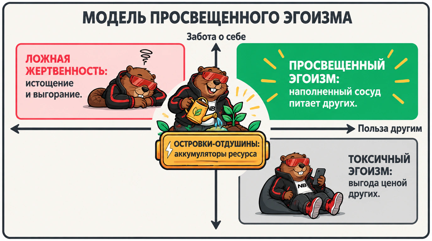 Инфографика модели просвещенного эгоизма с балансом заботы о себе и пользы для окружающих и островками-отдушинами.