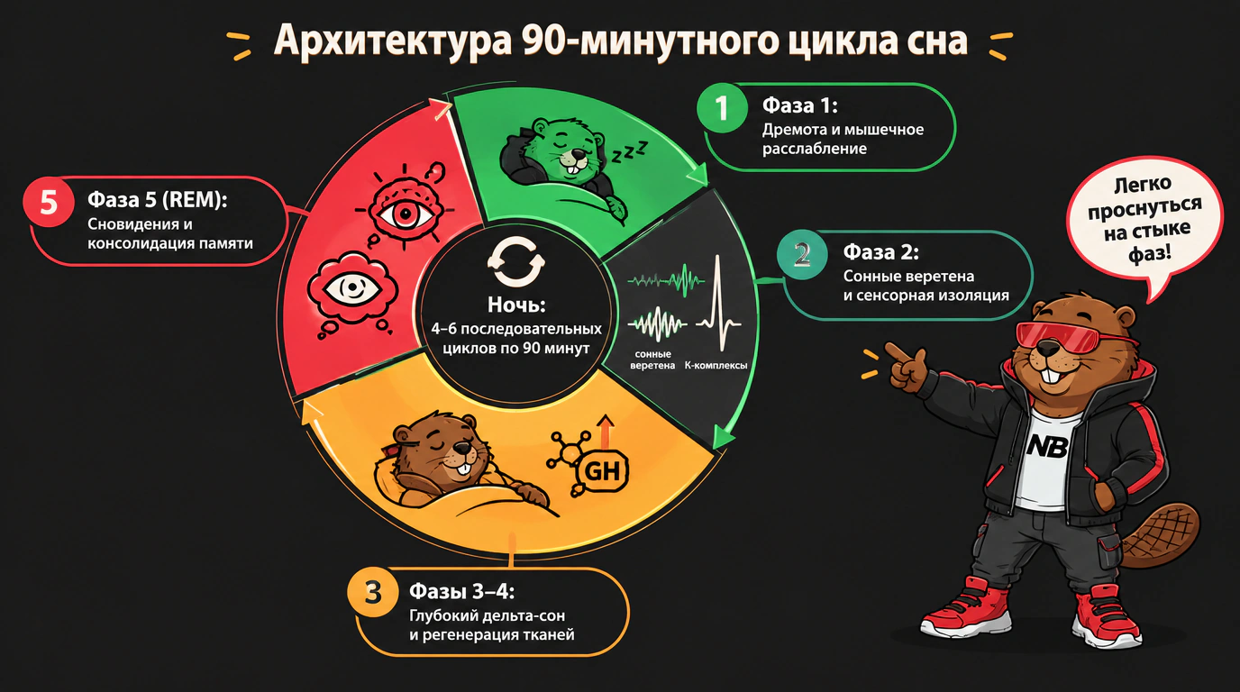 Инфографика пяти последовательных фаз внутри 90-минутного ночного цикла сна