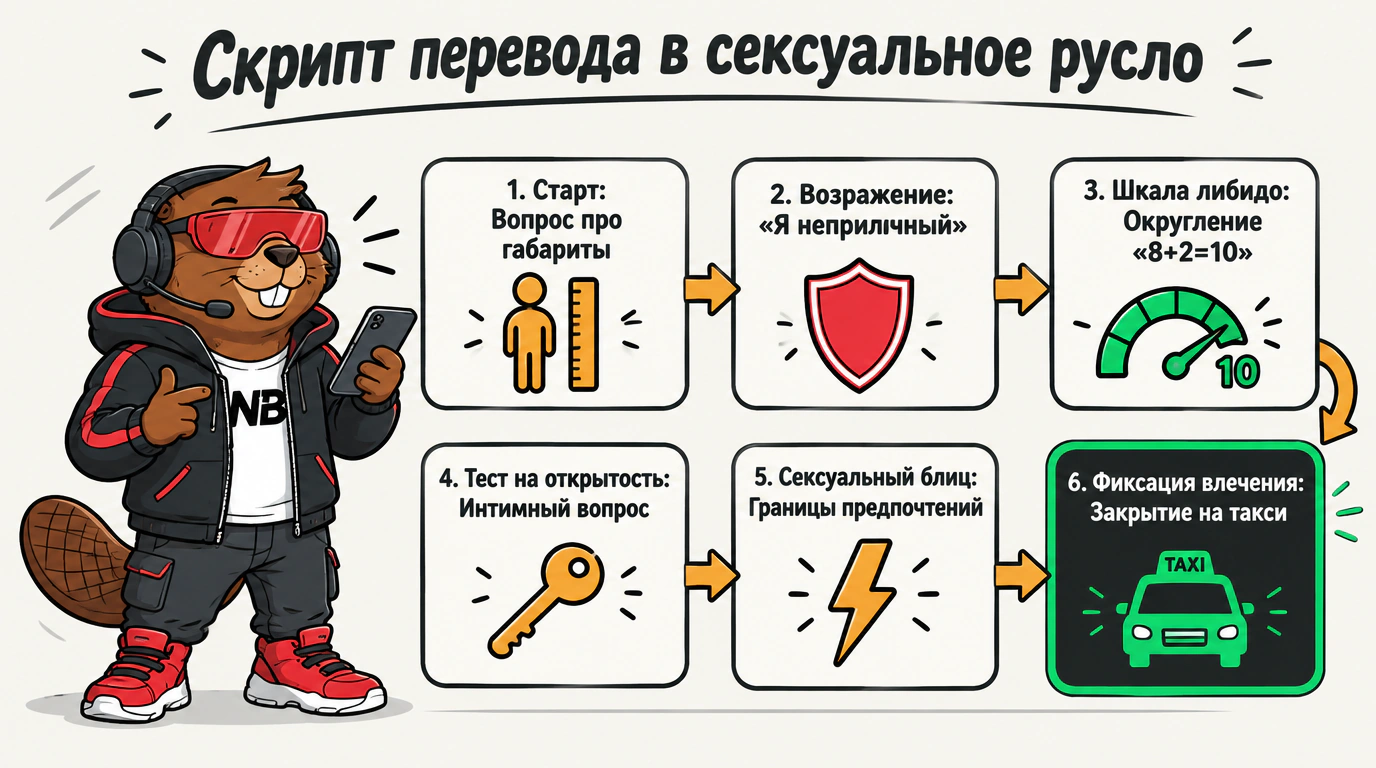 Схема шестишагового алгоритма созвона для перевода диалога в сексуальное русло с закрытием на такси.