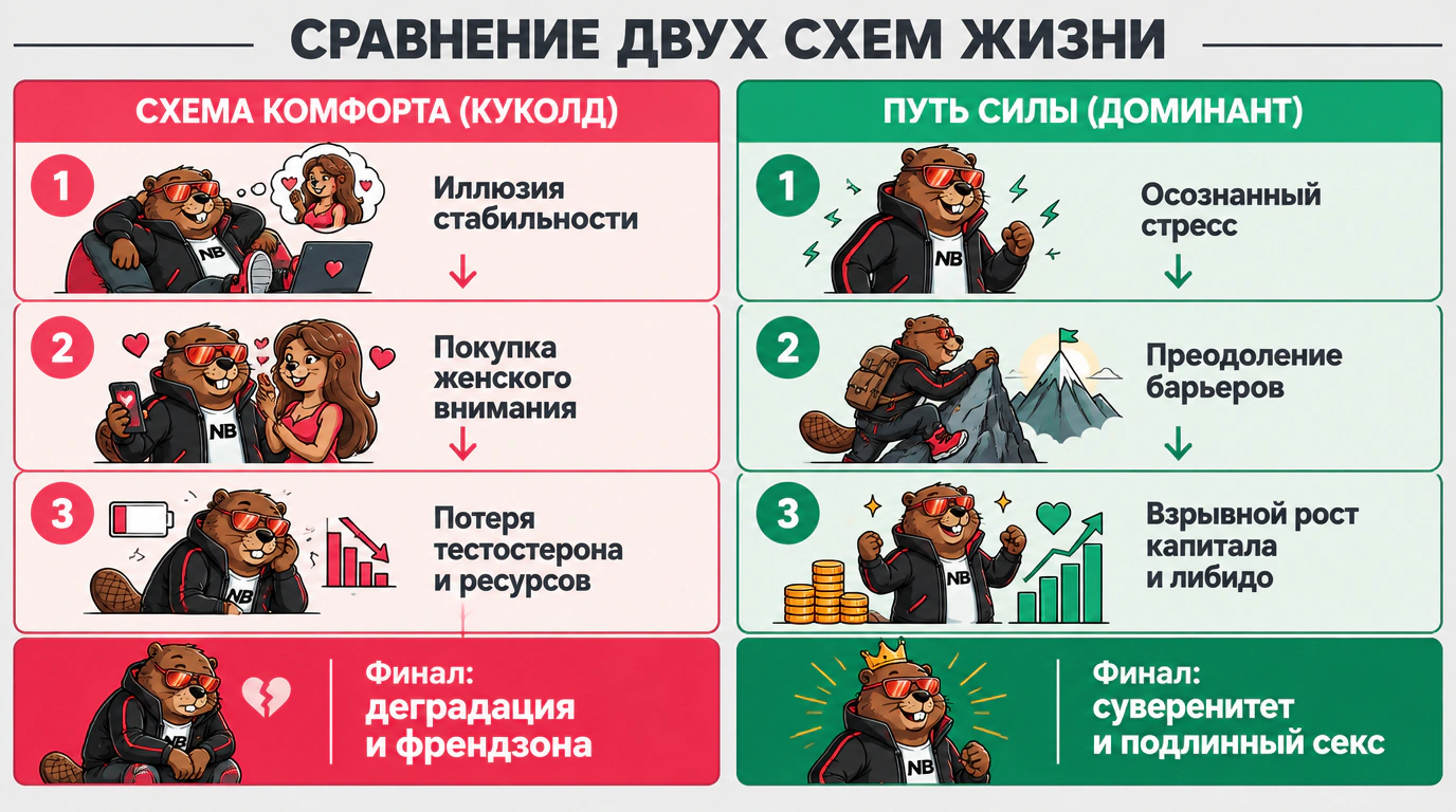 Сравнительная инфографика двух схем жизни: замкнутый круг куколда против восходящей траектории пути силы