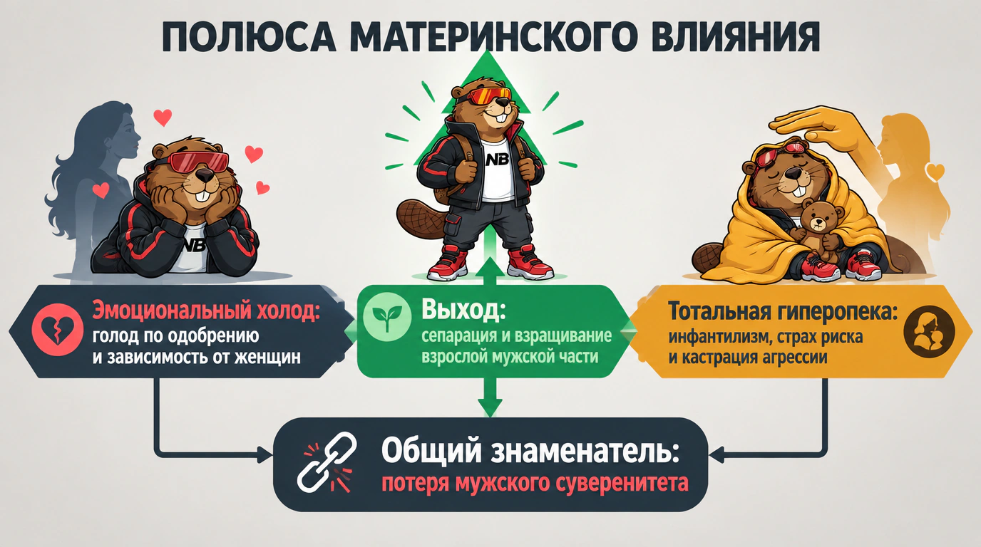 Инфографика спектра материнской травмы: последствия гиперопеки против эмоционального холода