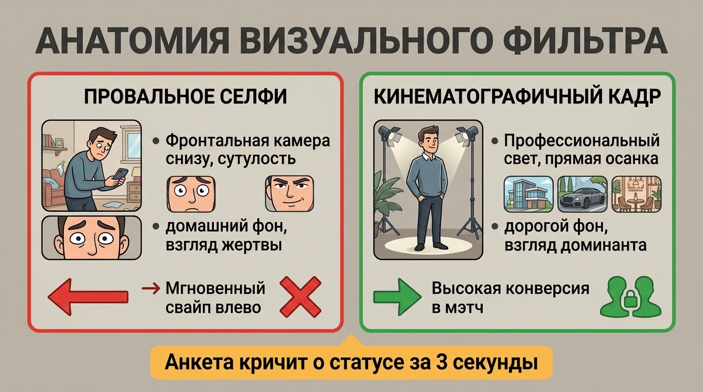 Сравнительная инфографика визуального позиционирования в анкете: провальное селфи против кинематографичного мужского кадра