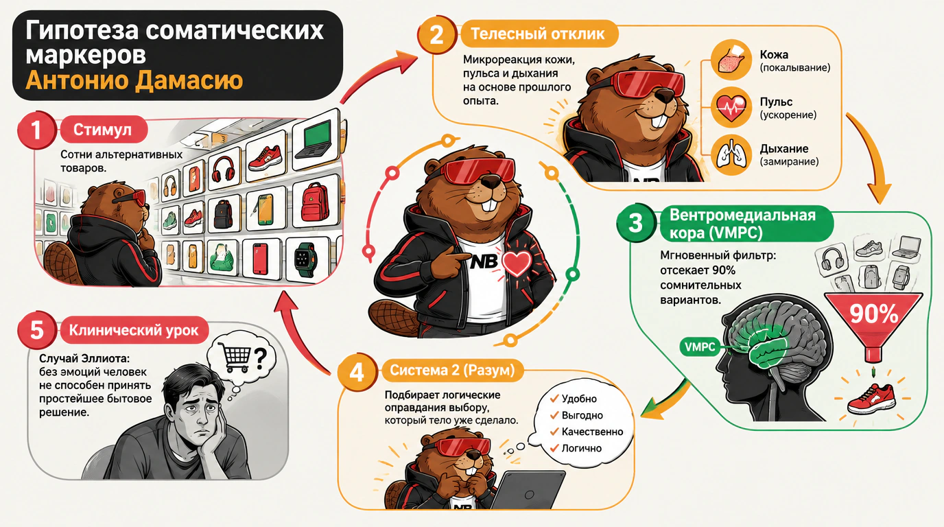 2D-инфографика работы соматических маркеров Антонио Дамасио при принятии потребительских решений