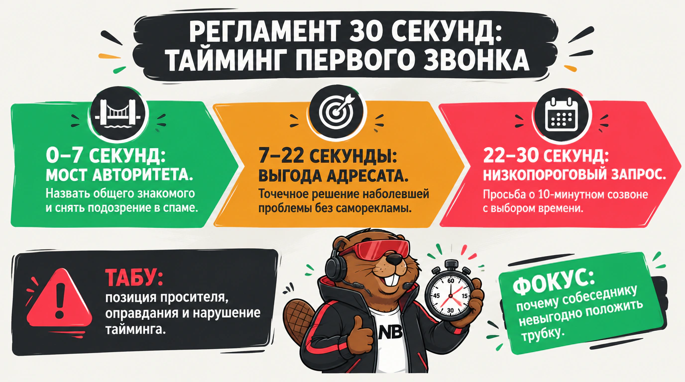 Инфографика трехфазного регламента и хронометража правила 30 секунд при звонке по рекомендации