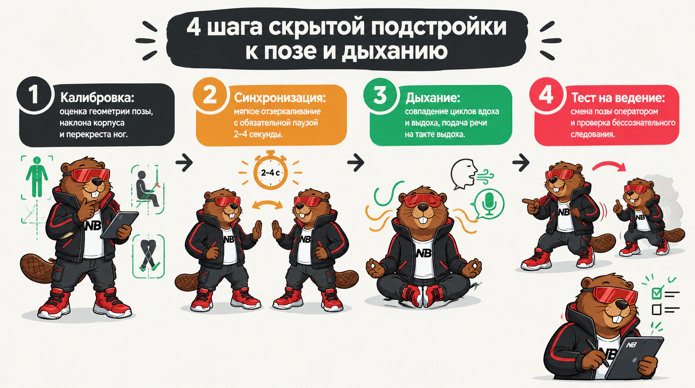 Инфографика 4-шагового протокола невербальной подстройки к позе, дыханию и проверки раппорта