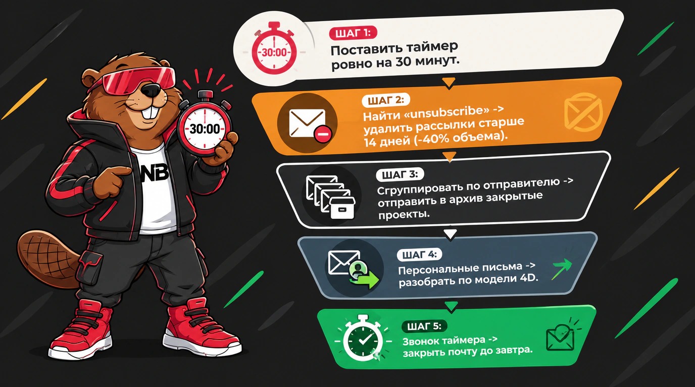 Пошаговая схема «Метода 30 минут»: протокол быстрой ликвидации завалов в электронной почте