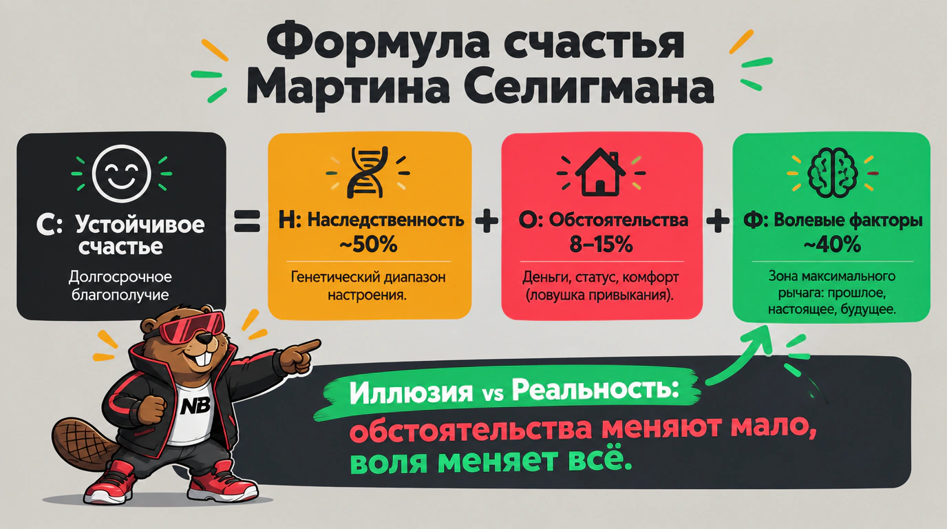 Инфографика формулы счастья Мартина Селигмана с соотношением генетики, обстоятельств и волевых факторов
