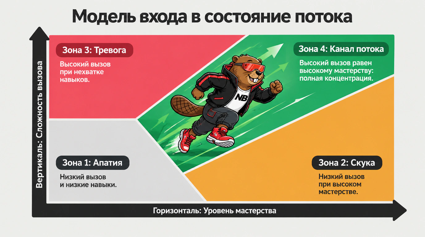 Инфографика модели входа в состояние потока на пересечении сложности вызова и мастерства