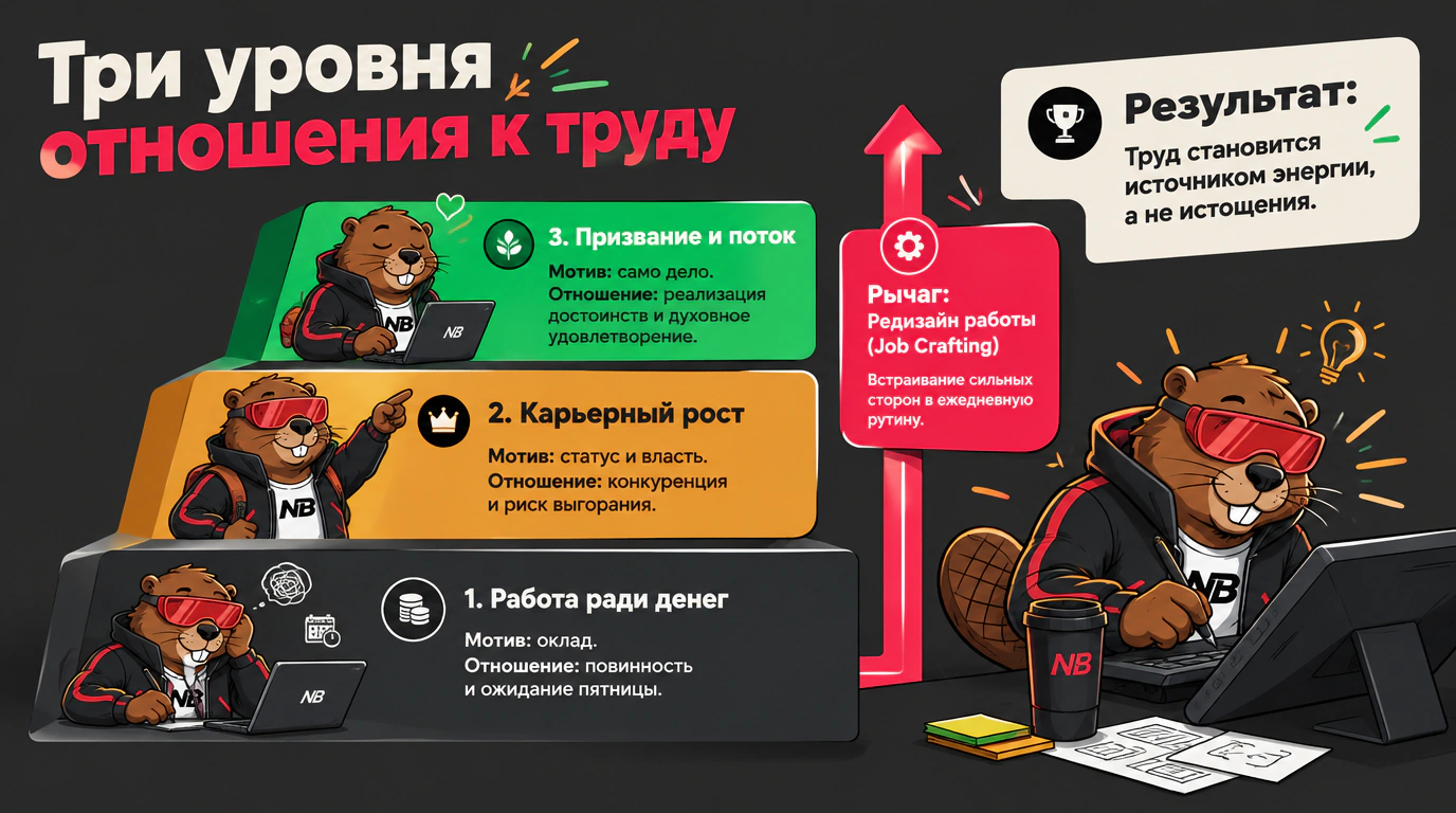 Инфографика трех уровней отношения к труду от подневольной работы до призвания