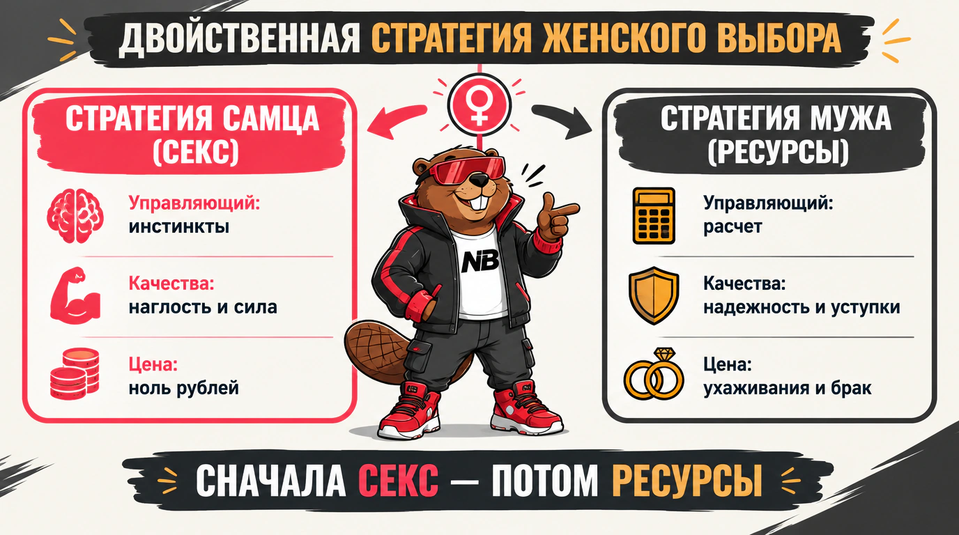 Инфографика двойственной стратегии женского выбора: секс с Самцом против ресурсов от Мужа.