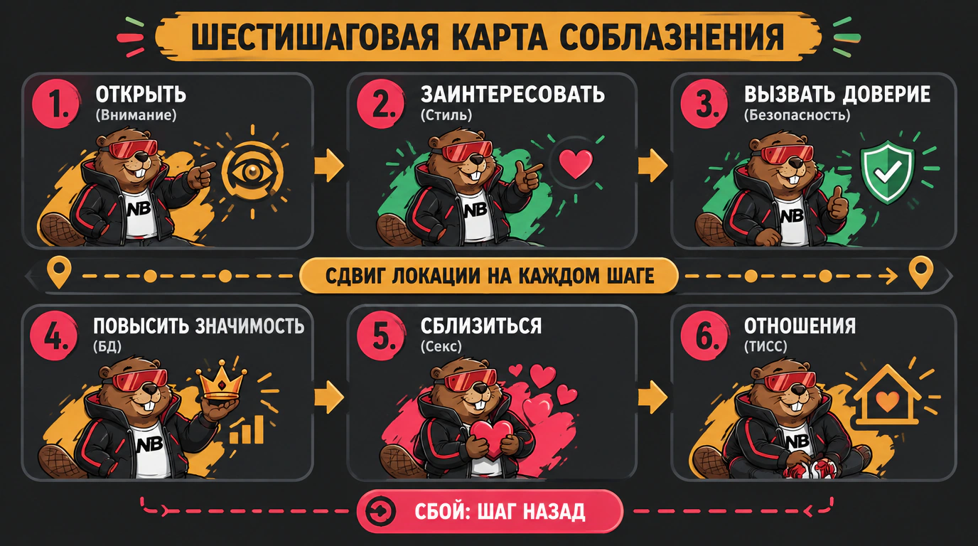 Инфографика шестишаговой схемы соблазнения: пошаговый маршрут от первого контакта до отношений.
