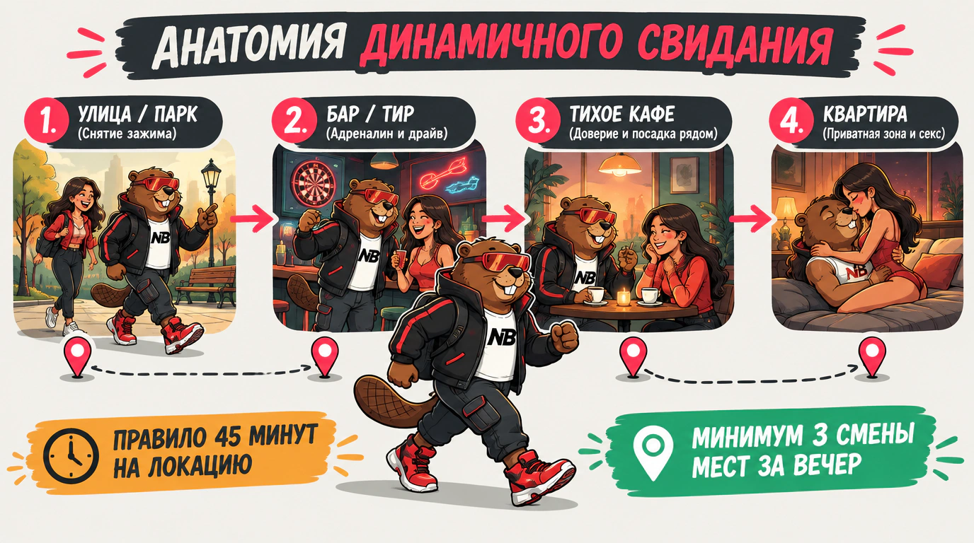 Инфографика анатомии эффективного свидания: смена четырех локаций за вечер для быстрого сближения.