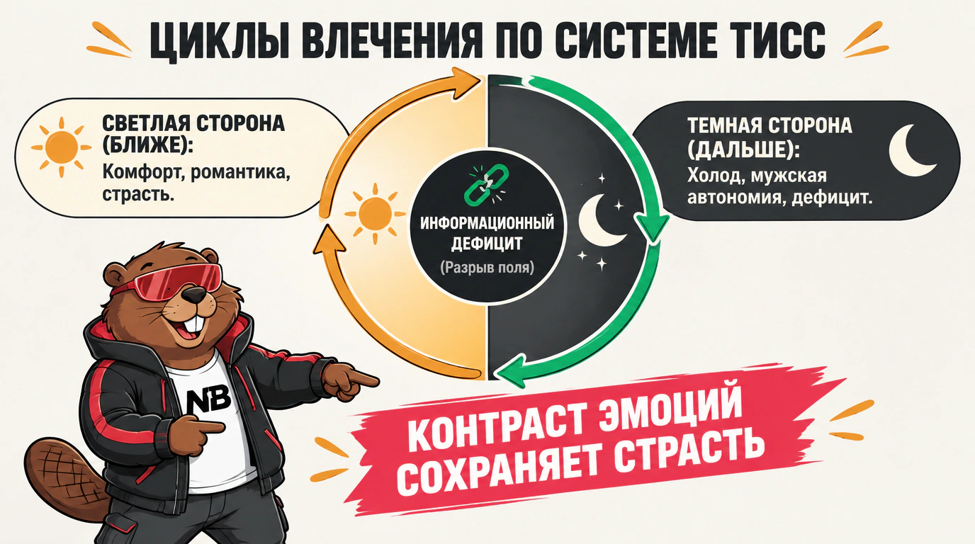 Инфографика системы ТИСС в отношениях: чередование светлой и темной стороны для поддержания страсти.