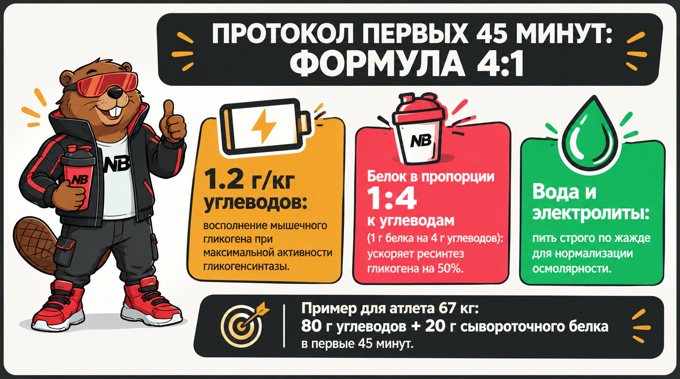 Инфографика постфинишного протокола 45 минут: формула 4:1 углеводов к белку для быстрого ресинтеза гликогена.