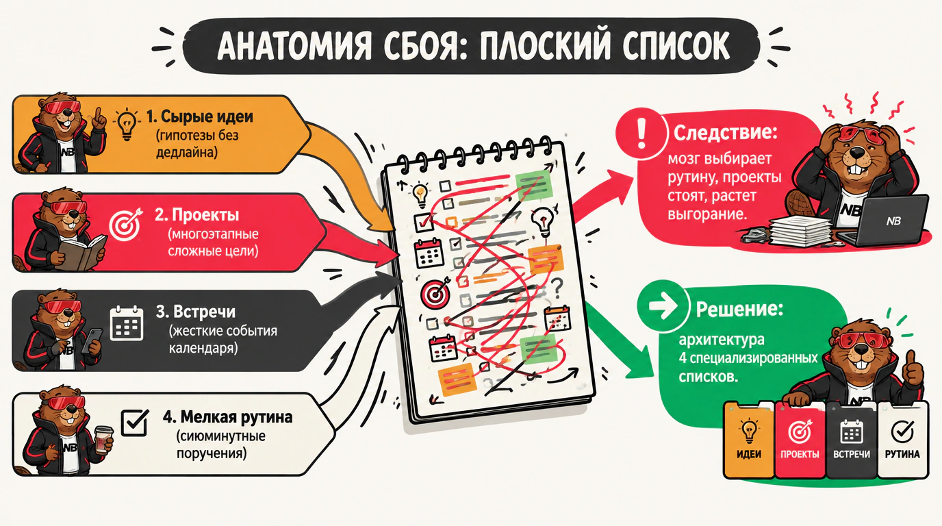 Инфографика анатомии сбоя традиционного списка дел: почему смешивание идей, проектов, встреч и рутины приводит к параличу выбора и выгоранию.