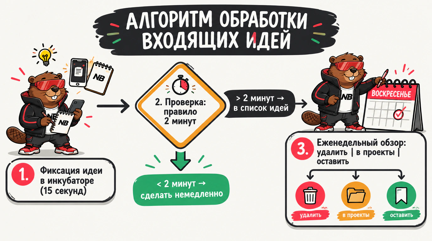 Инфографика алгоритма обработки входящих идей: фильтрация по правилу двух минут и еженедельная сортировка на удаление, проекты и инкубатор.
