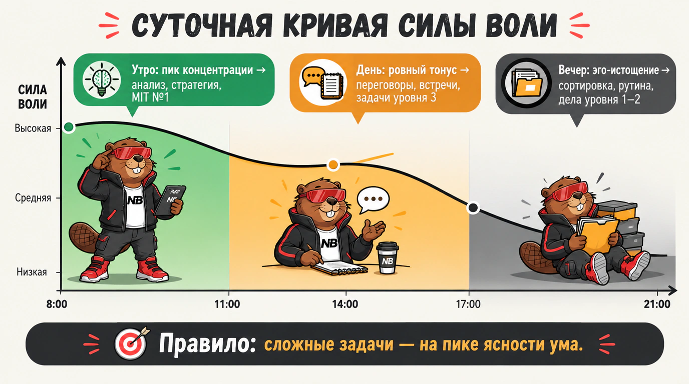 Инфографика суточной кривой силы воли: распределение задач разной когнитивной сложности по утреннему пику, дневному плато и вечернему спаду.