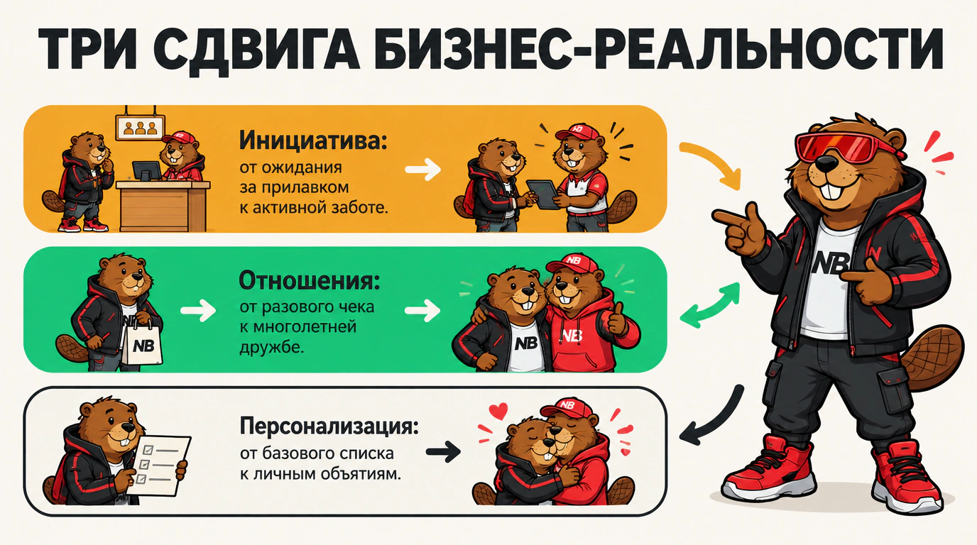 Инфографика трех сдвигов бизнес-реальности: переход от традиционного ритейла к философии объятий