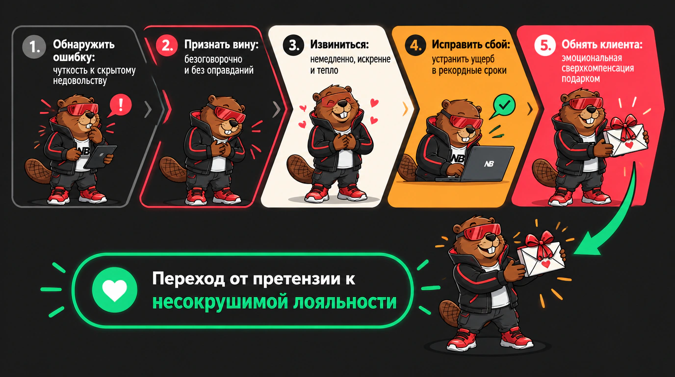 Инфографика пятишагового алгоритма исправления сервисных ошибок от выявления до эмоционального объятия.