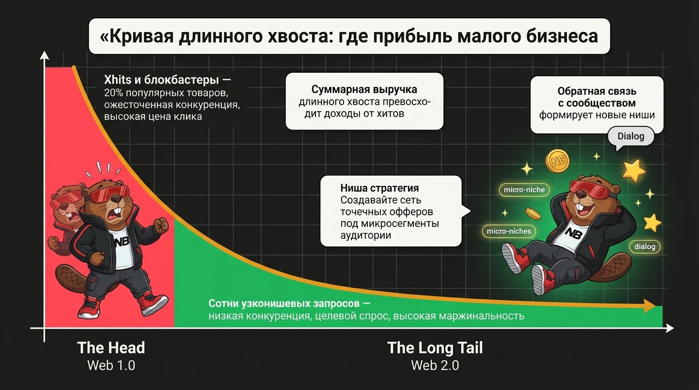 Инфографика кривой стратегии длинного хвоста и монетизации микрониш в эпоху Web 2.0.