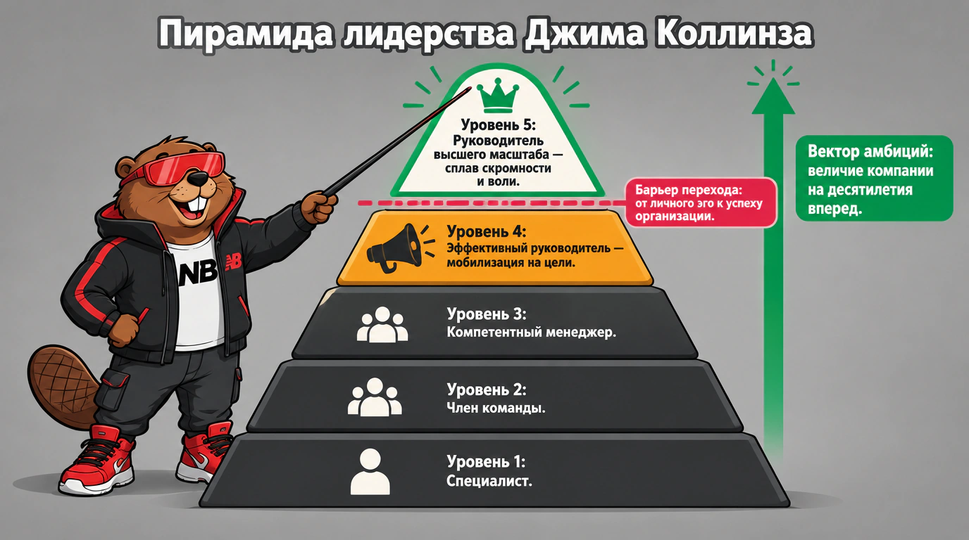 Иерархическая 2D-инфографика пяти уровней лидерства Джима Коллинза с качественным барьером между четвертым и пятым уровнями