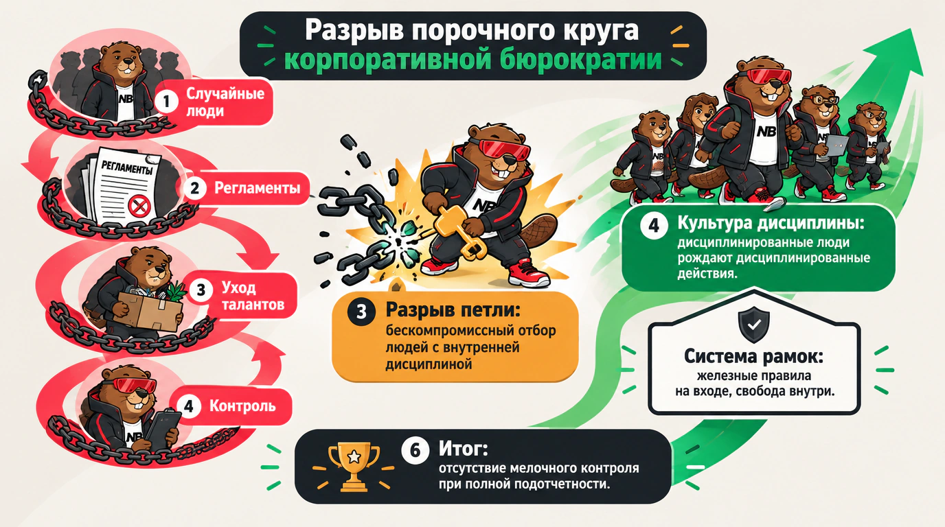 2D-инфографика разрыва порочного круга бюрократии через культуру дисциплины и автономию внутри системы