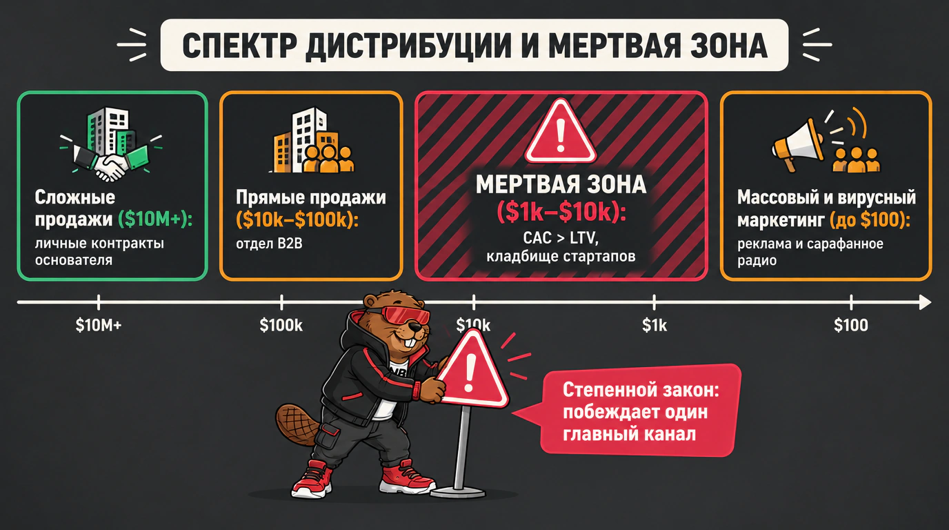 Инфографика карты каналов продаж по стоимости продукта с выделением смертельной мертвой зоны дистрибуции.