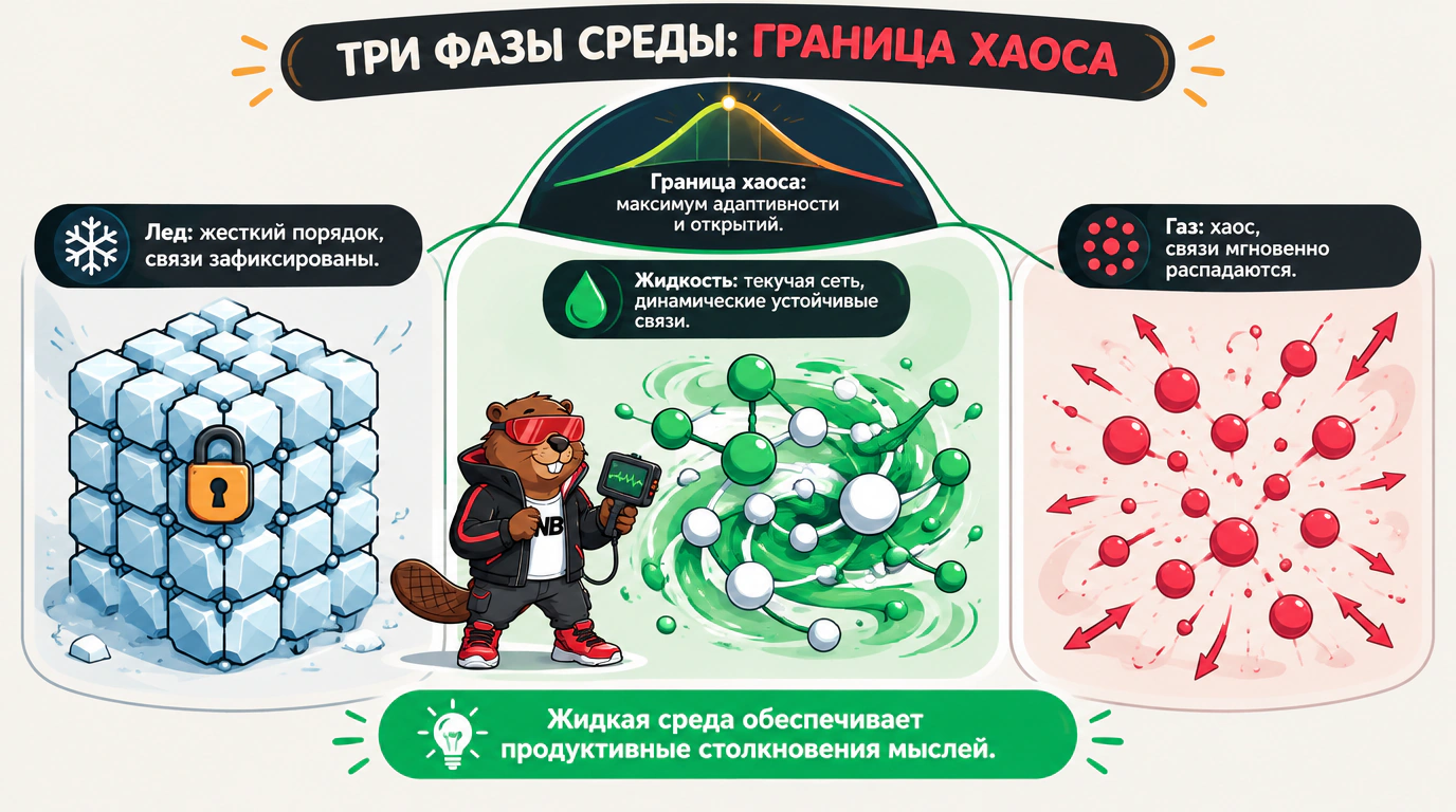 Сравнительная инфографика трех фазовых состояний среды по Кристоферу Лэнгтону с пиком инноваций в жидкой фазе на границе хаоса