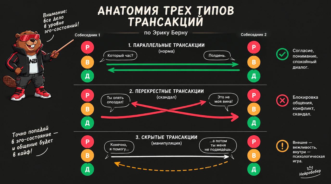 Инфографика трех типов трансакций в трансактном анализе: параллельные, перекрестные и скрытые