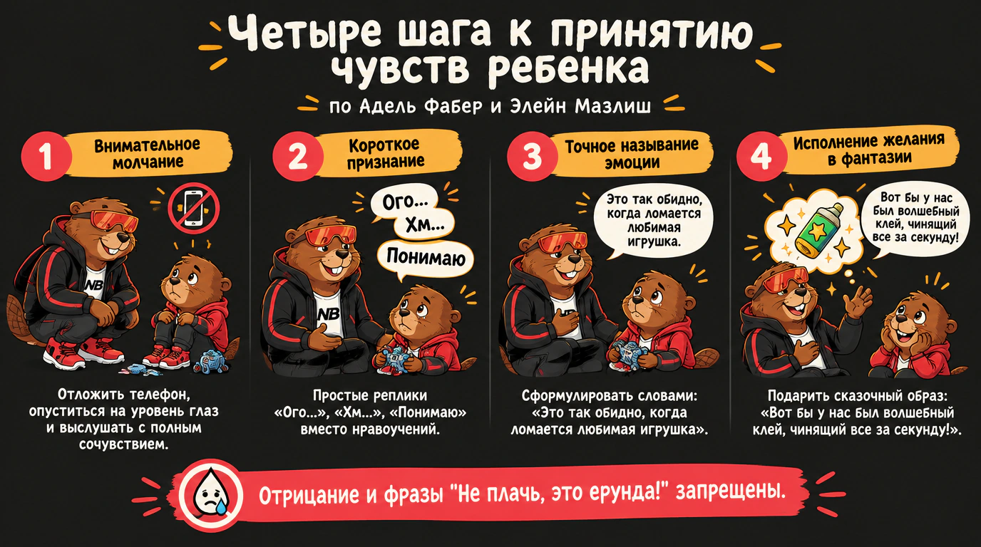 Инфографика четырех шагов к принятию переживаний ребенка по Фабер и Мазлиш