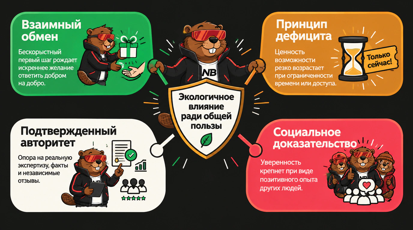 Инфографика четырех фундаментальных рычагов влияния Роберта Чалдини