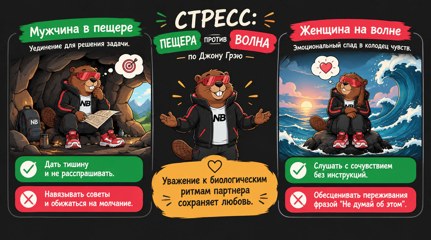 Инфографика двух противоположных стратегий преодоления стресса: мужская пещера и женская волна