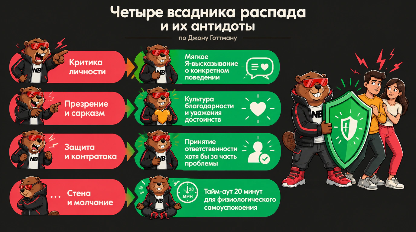 Инфографика четырех токсичных всадников в общении супругов и их спасительных антидотов