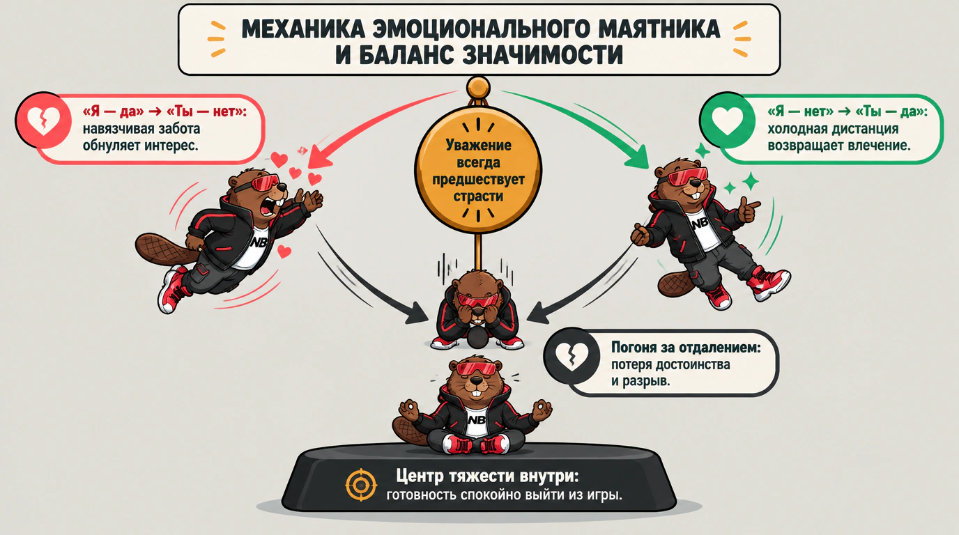 Инфографика эмоционального маятника: механика баланса значимости и полярности притяжения в отношениях