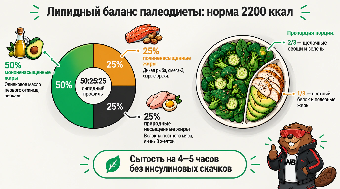 Инфографика целевого липидного баланса 50:25:25 и пропорций палеотарелки для решения проблемы 2200 калорий