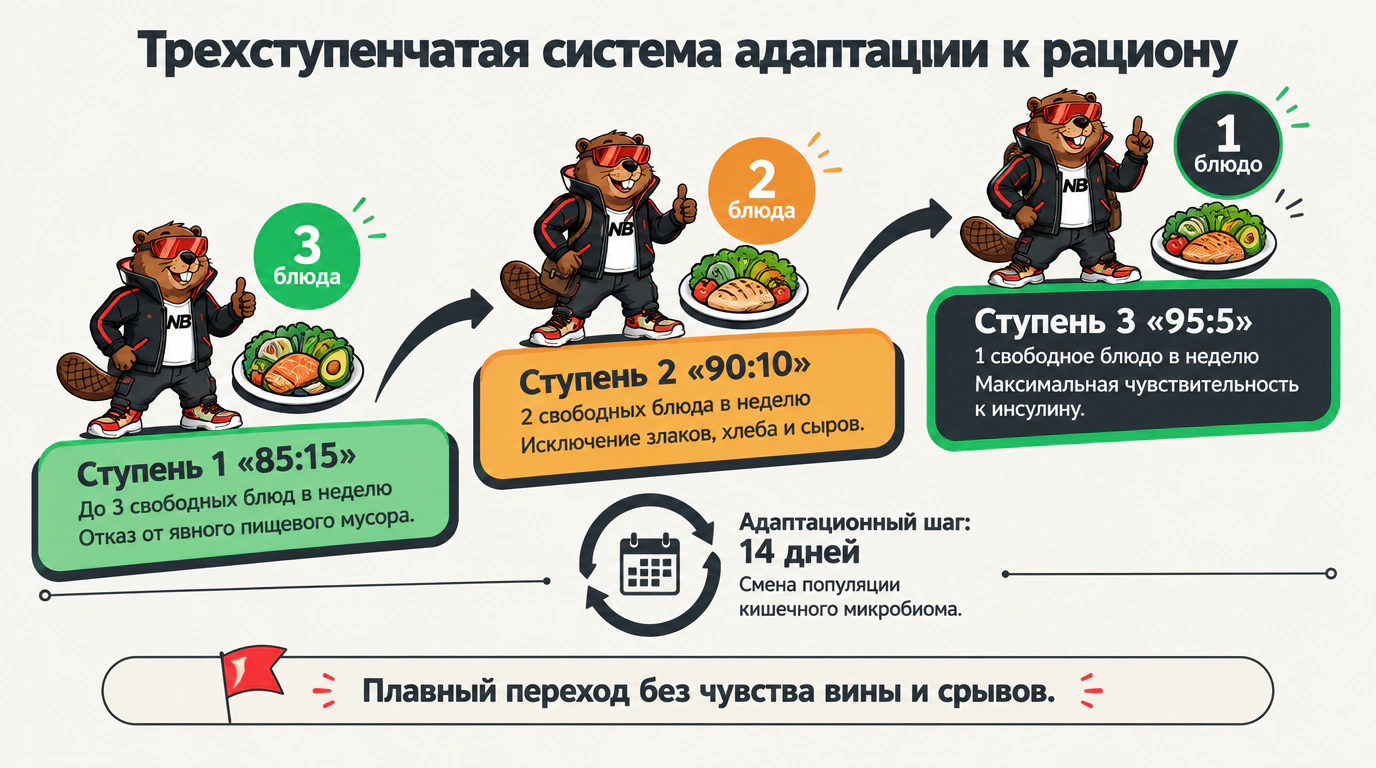 Инфографика трехступенчатой системы внедрения палеодиеты и правил свободных приемов пищи