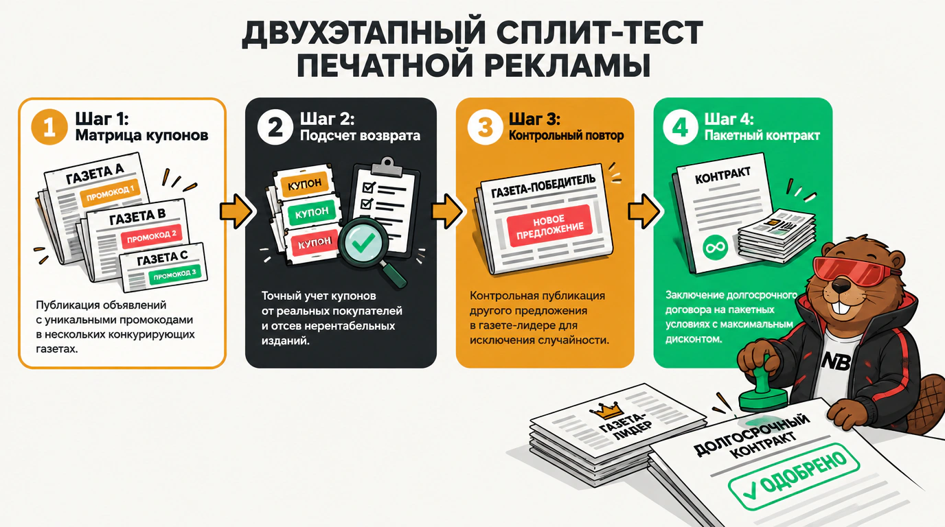Инфографика двухэтапного сплит-тестирования печатных изданий: от матрицы купонов до пакетного контракта со скидкой