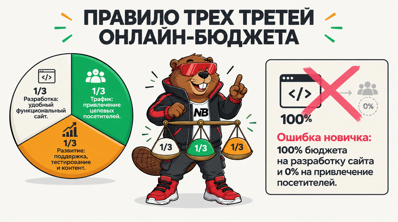 Инфографика правила трех третей онлайн-маркетинга: сбалансированное распределение бюджета между сайтом, трафиком и поддержкой