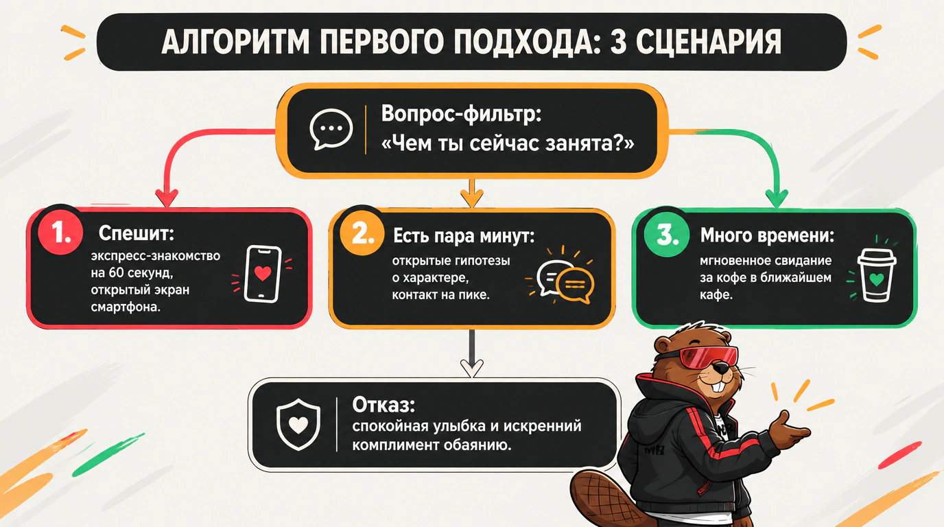 Схема-инфографика ветвления первого диалога при знакомстве на три сценария по диагностическому вопросу «Чем ты сейчас занята?».