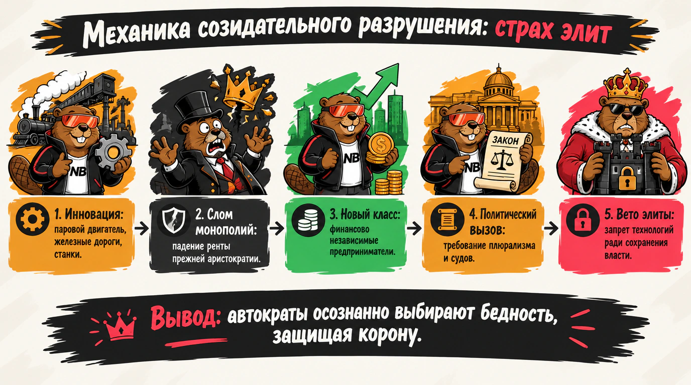 2D-инфографика: пятиэтапная цепочка созидательного разрушения и политэкономическая логика сопротивления правящих элит